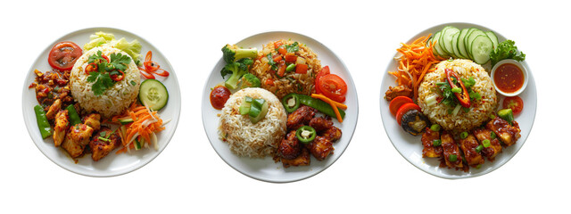 top view of Indonesian food, sambal rice with vegetables and chicken on white plate isolated on transparent background 
