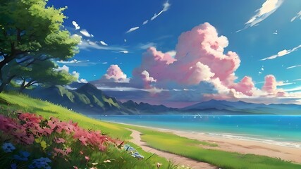Obraz premium Anime fantasy wallpaper background concept : Breathtaking blue sky and fluffy white clouds dominate a scenic summer landscape with a calm lake reflecting the beauty above, generative ai