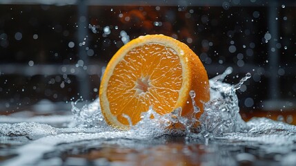 water splashing onto Orange, in the style of Black background and colorful, high detailed, dynamic and action-packed, high resolution.