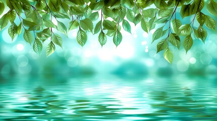 Fresh green leaves hang over tranquil water, reflecting a sense of calm and nature