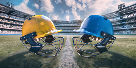Yellow and Blue Cricket helmets on grass in cricket stadium facing each other for match build up