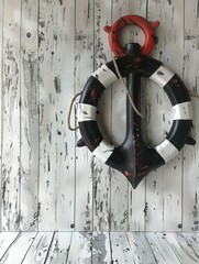 Black and white anchor with red and white rope around it