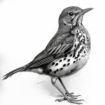 recommend clip art: Song Thrush Pencil Sketch Hand Drawn Black and White Depiction of Turdus Philomelos on a Blank White Background