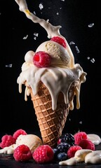 Ice cream with fresh berries in a waffle cone on a black background.
