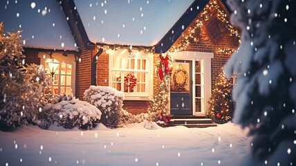 Obraz premium Christmas in the countryside, cottage and garden decorated for holidays on a snowy winter evening with snow and holiday lights, English country styling inspiration