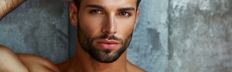 Obraz premium A man with a beard stands shirtless, striking a pose for a picture