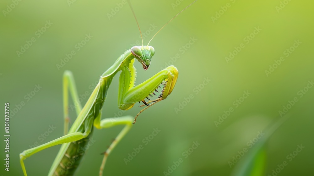 Poster a mantis nymph delicately perched on a blade of grass, its tiny form barely visible against the gree