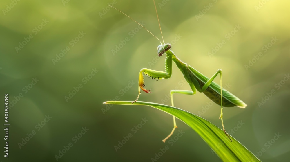 Poster a mantis nymph delicately perched on a blade of grass, its tiny form barely visible against the gree