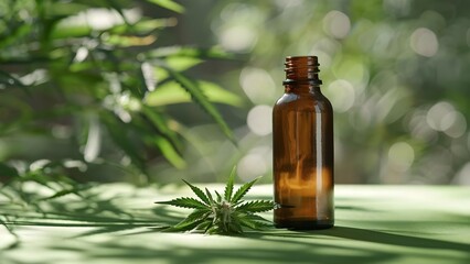 A small brown bottle with a cannabis plant on a green background with shadows. Concept Product Photography, Cannabis Plant, Brown Bottle, Green Background, Shadows