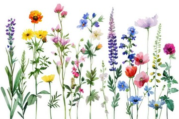 watercolor summer wildflower clipart with a variety of colored flowers neutral with green stems on an isolated on white background