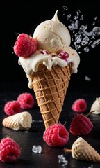 Ice cream with fresh raspberries and ice cream cones on black background.