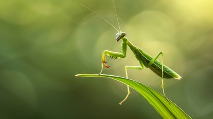 A mantis nymph delicately perched on a blade of grass, its tiny form barely visible against the green backdrop.