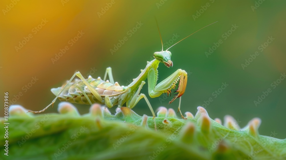 Poster a mantis nymph emerging from its cocoon, unfolding its delicate wings in preparation for its first f