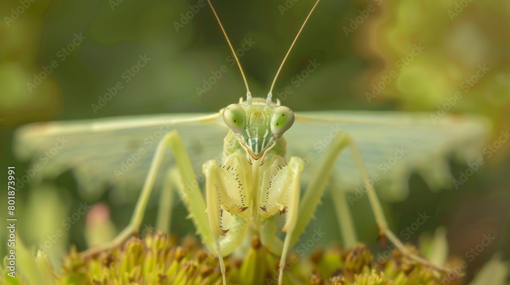 Poster a mantis nymph emerging from its cocoon, unfolding its delicate wings in preparation for its first f