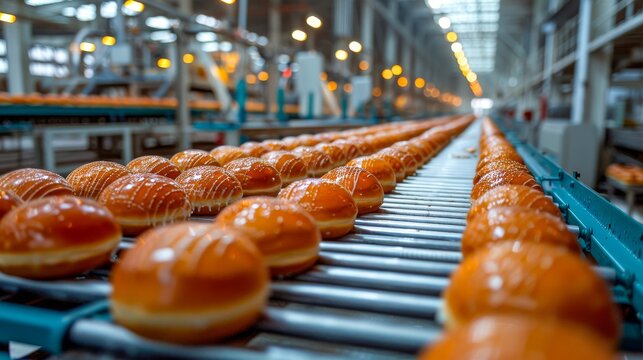 Rows of donuts on a conveyor belt in a factory