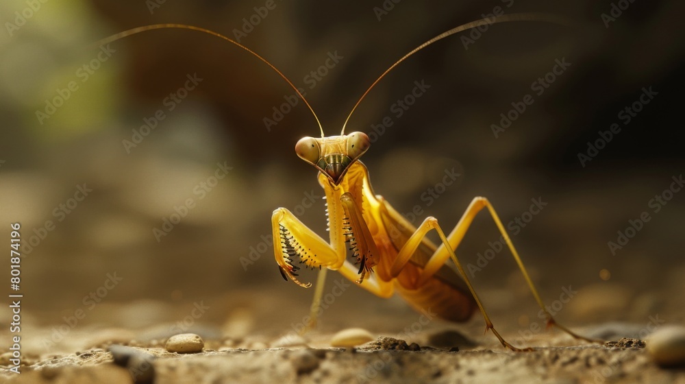 Poster a mantis nymph exploring its surroundings with cautious curiosity, antennae twitching in search of m