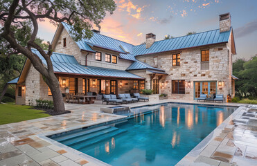 A large pool and house in San Antonio, Texas with a light blue roof. The home is an old stone ranch-style two-story building that has multiple windows and doors on the first floor.
