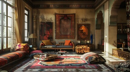 Dynamic and eclectic interior, perfect for a young person, featuring a harmonious clash of traditional and modern pieces, vibrant textiles, and eclectic art