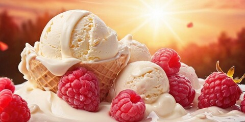 Ice cream with fresh raspberries and vanilla ice cream in waffle cone.