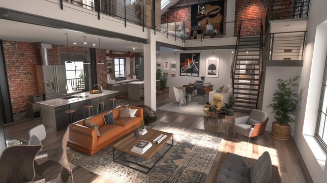 Dynamic urban loft interior styled for a young professional, featuring an expansive layout, exposed architectural details, and a modern, urban flair