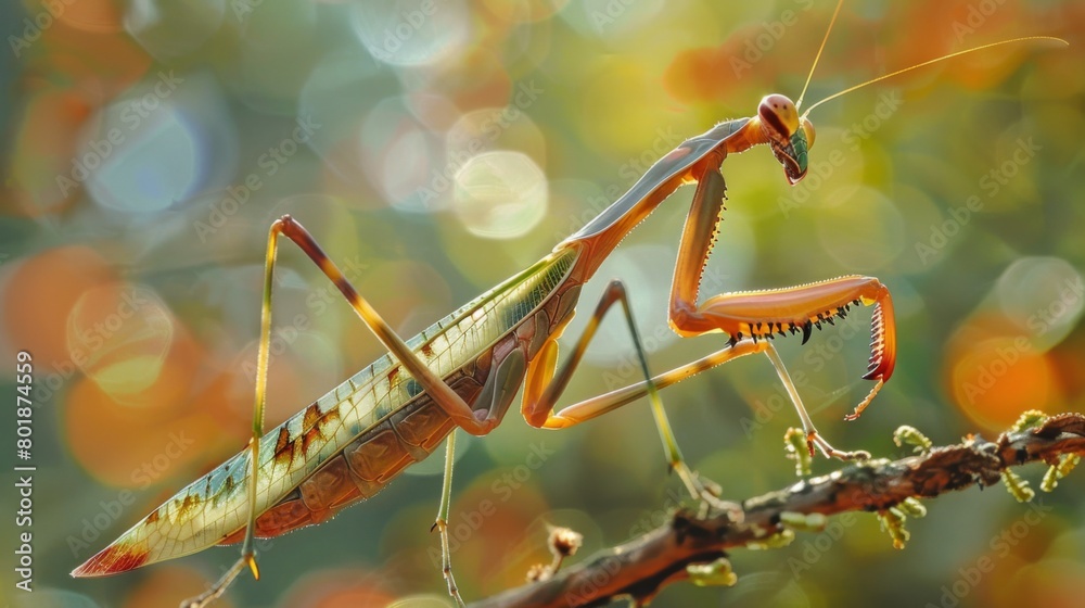 Poster a mantis perched on a twig, its triangular head swiveling as it scans its surroundings for potential