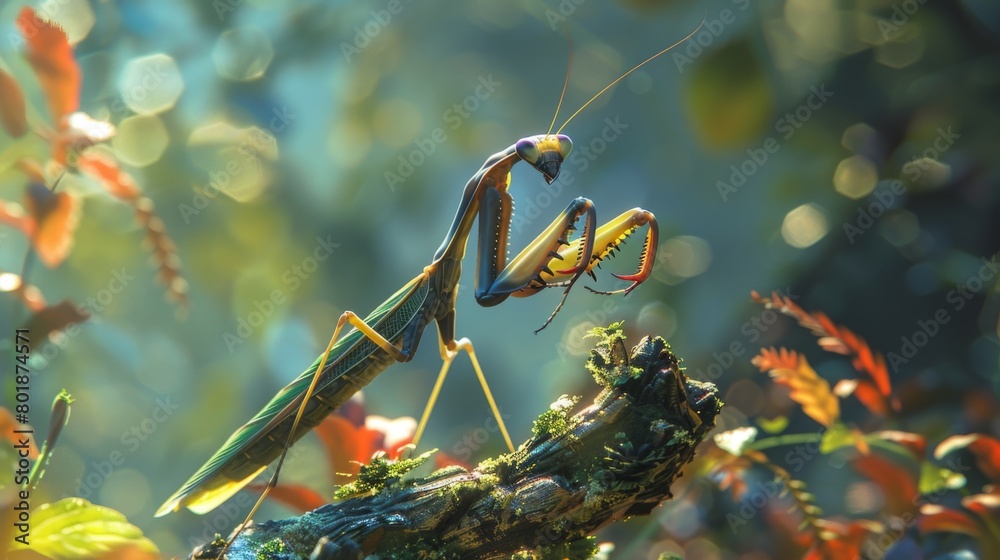 Poster a mantis perched on a twig, its triangular head swiveling as it scans its surroundings for potential