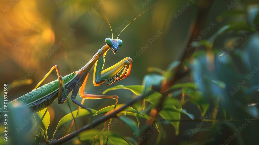Poster a mantis perched on a twig, its triangular head swiveling as it scans its surroundings for potential