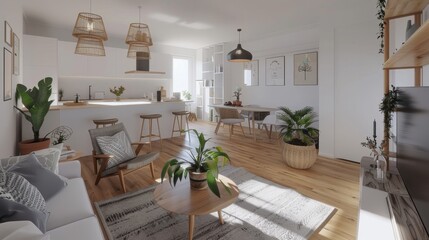 Cozy and chic Scandinavian living area, perfect for a young individual, featuring minimalist design, natural materials, and a focus on light and space