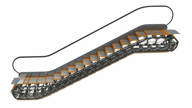 Escalator moving up, escalator device inside, vertical transportation. 3d animation isolated on white