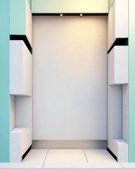 3d rendering of empty exhibition stand with white and blue wall.