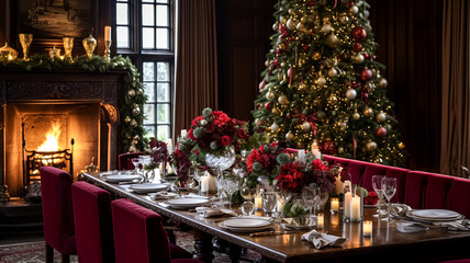 Fototapeta na wymiar Christmas at the manor, English countryside decoration and festive interior decor