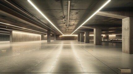 Obraz premium Detailed, realistic shot of an underground parking facility, focusing on the lighting and structural design, suitable for transportation infrastructure articles