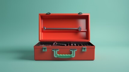 Detailed shot of an open red toolbox with tools neatly organized, set against a fresh mint background, ideal for crafting and repair project themes