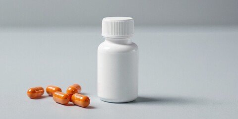 White bottle with orange pills on a gray background. Close-up.