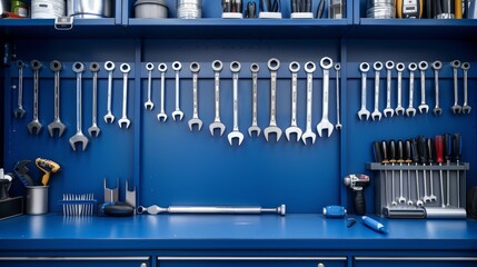 Detailed view of assorted hand tools hanging on a deep blue wall in a garage, emphasizing cleanliness and order, perfect for workshop themes