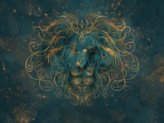 An intricate illustration of a lion with ornate golden mane details set against a dark textured backdrop.