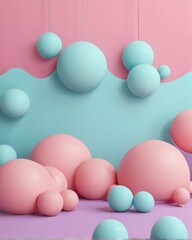 Pink and blue balls on a pastel background. 3d render