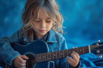 Child focused on playing guitar in moody blue tones. Youthful aspiration and music passion captured.