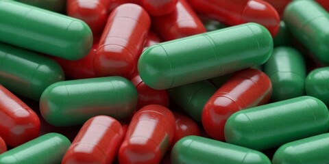 Heap of red and green pills close up. Focus on foreground.