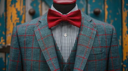 Stylish mannequin display in plaid suit jacket with red bow tie, checkered shirt, urban background, concept of modern men's fashion