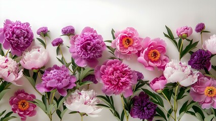 Pink and Purple Peony Flowers Arranged in a Flatlay on a White Background. Concept Flower Photography, Flatlay Styling, Pink and Purple Peonies, White Background, Floral Arrangement
