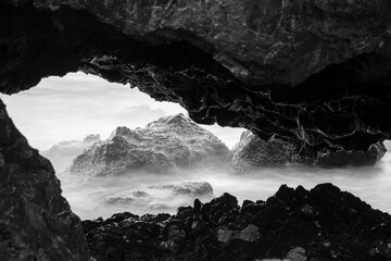Reef in cave, long exposure. Black and white photo.