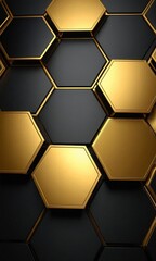 Abstract metal background with black and golden hexagons.