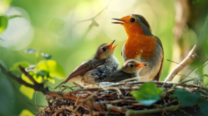 A mother bird tenderly feeding her hungry chicks nestled in the safety of their cozy nest.