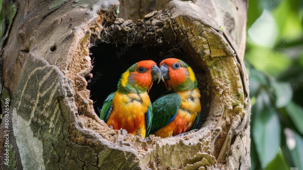 Poster a pair of colorful parrots taking turns feeding each other with affection and care in their tree hol