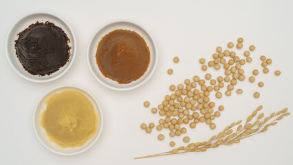 赤味噌や白味噌など様々な種類の味噌・日本の味噌イメージ｜原材料の大豆と米(稲穂)
