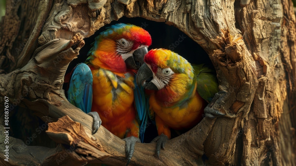 Poster a pair of colorful parrots taking turns feeding each other with affection and care in their tree hol