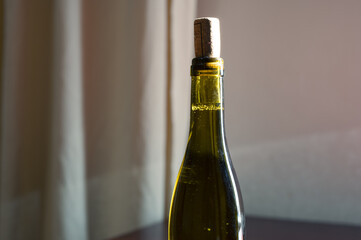 Close up in focus bottle of wine with cork. Green glass and sun ray. Style decor winery image