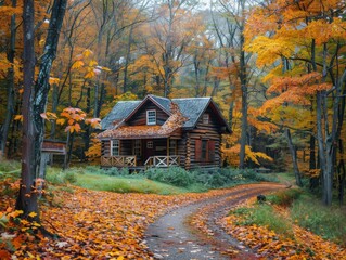 Create a sense of peace and tranquility in a cozy cabin surrounded by beautiful fall foliage.