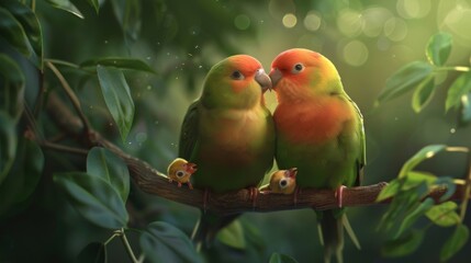 A pair of lovebirds perched on a branch, sharing a tender moment as they prepare to feed their chicks in the nest.